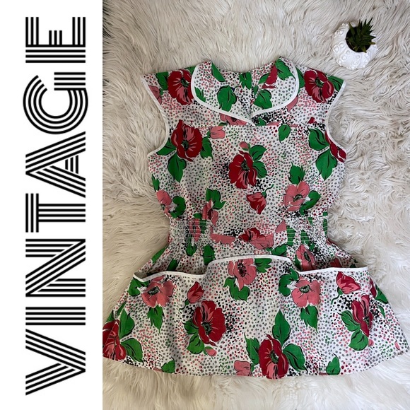 1950s floral peplum smock with button-down back, collar and big front pockets - Picture 4 of 11